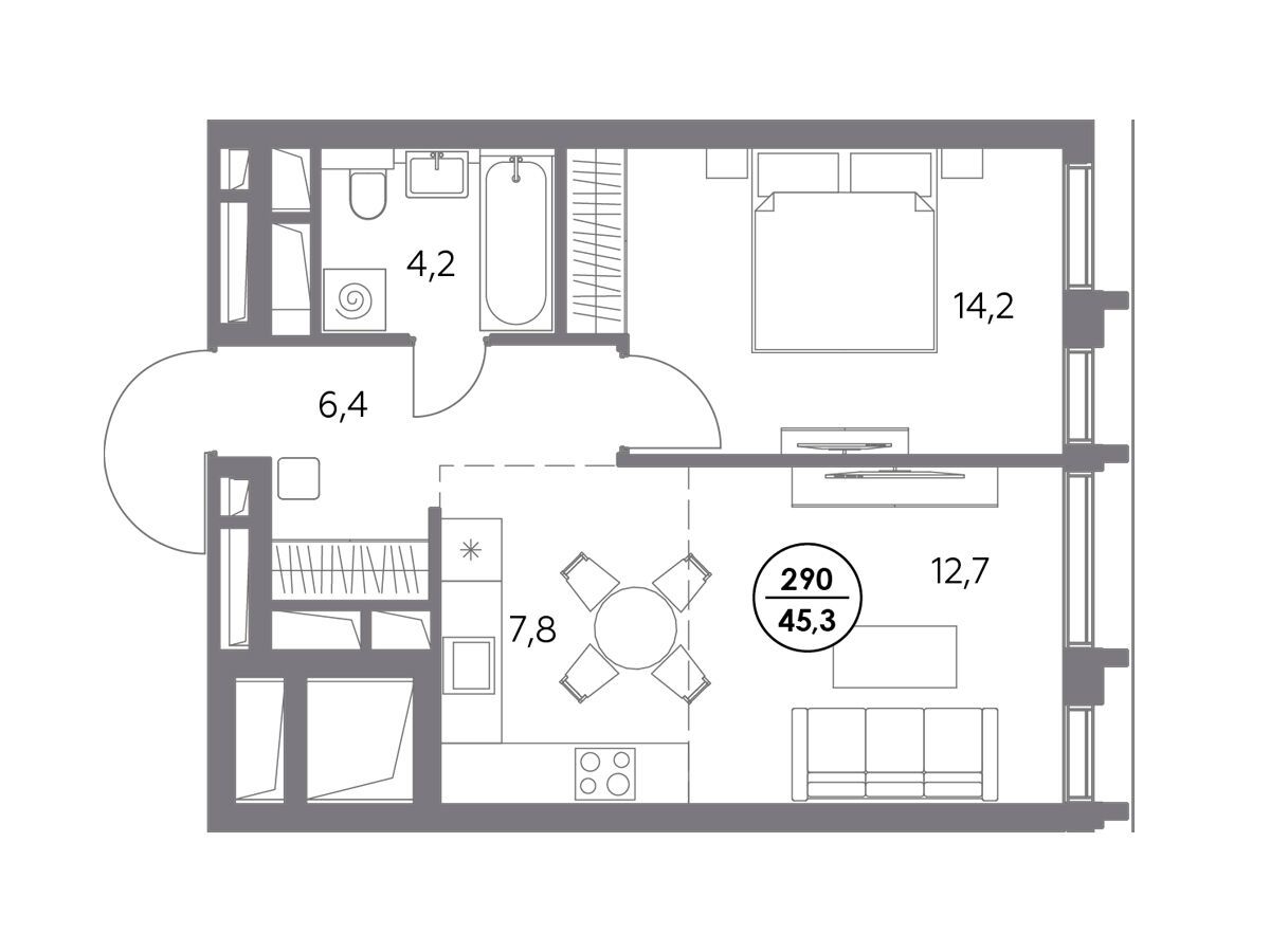 Планировка: 1-комн. квартира 45.30 м² в новостройке Дом 56