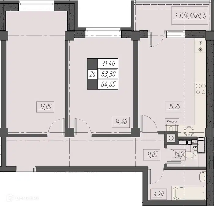 Планировка: 2-комн. квартира 64.65 м² в новостройке Курортный