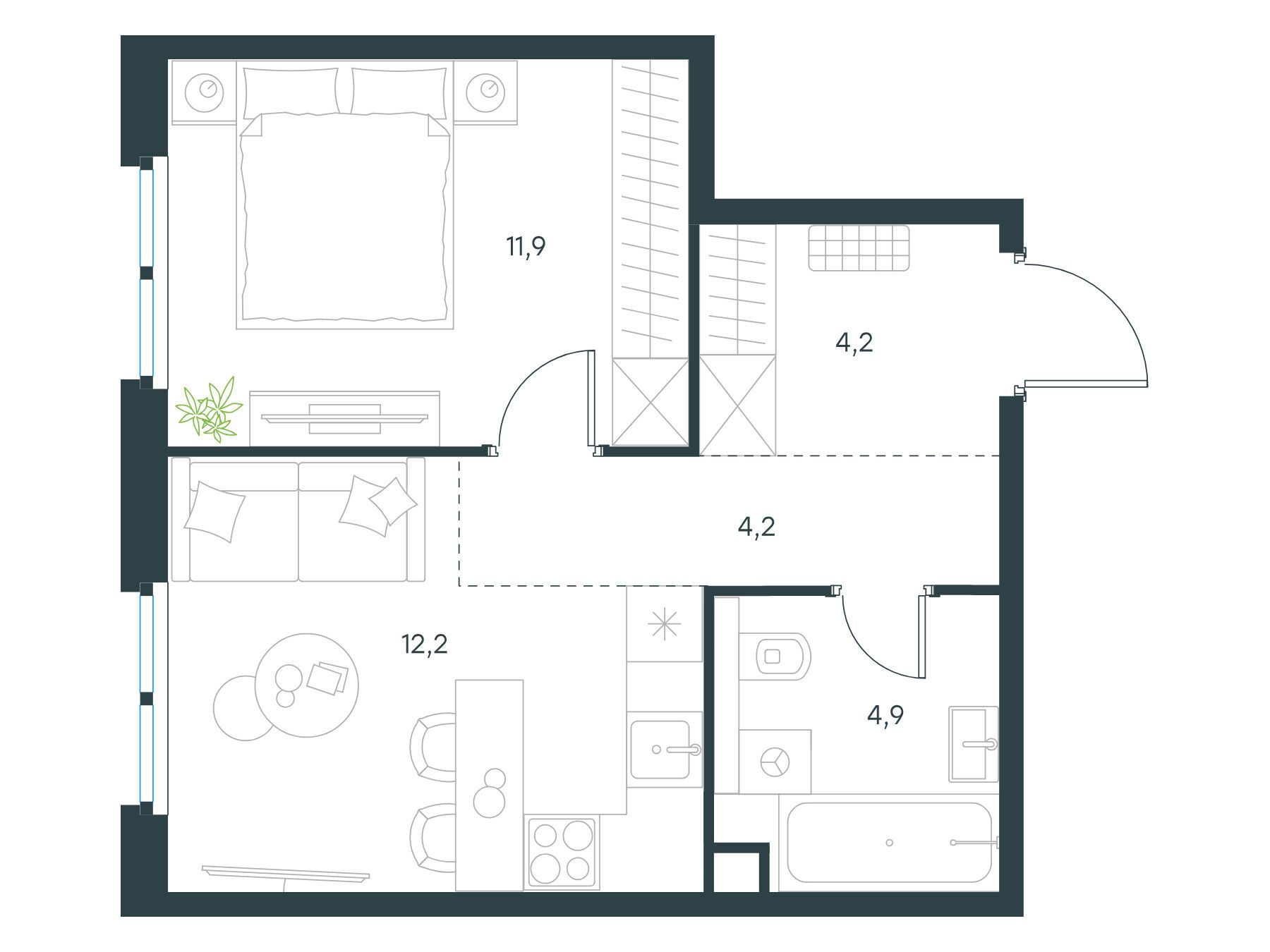 Планировка: 1-комн. квартира 37.40 м² в новостройке Левел Нижегородская
