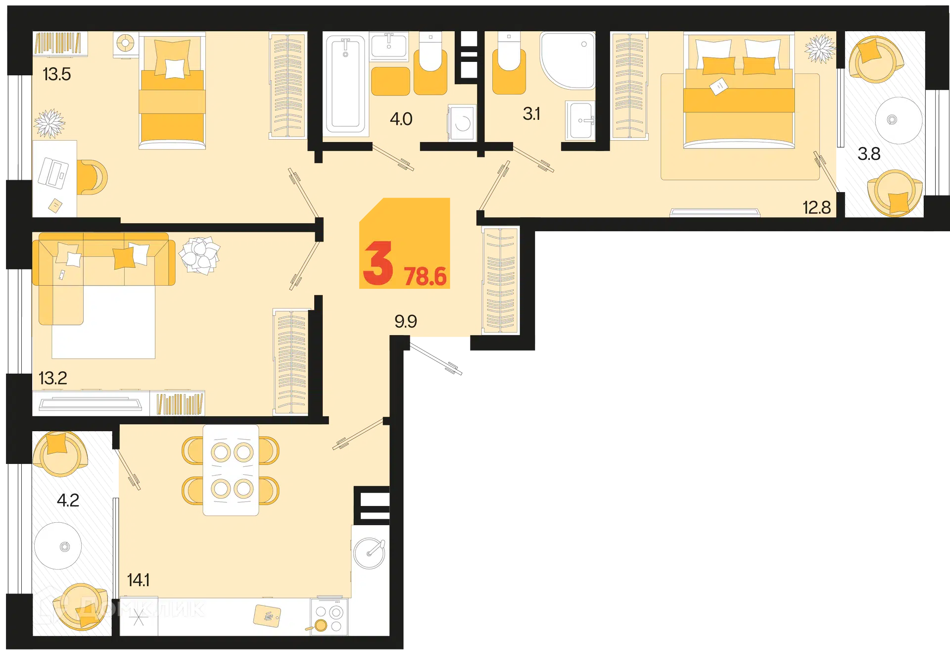 Планировка: 3-комн. квартира 78.60 м² в новостройке Первое место