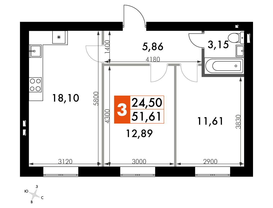 Планировка: 2-комн. квартира 51.50 м² в новостройке Парк Апрель