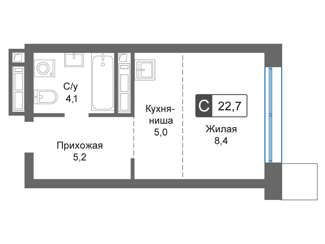 Планировка: Студия 22.70 м² в новостройке Сити квартал Отрада