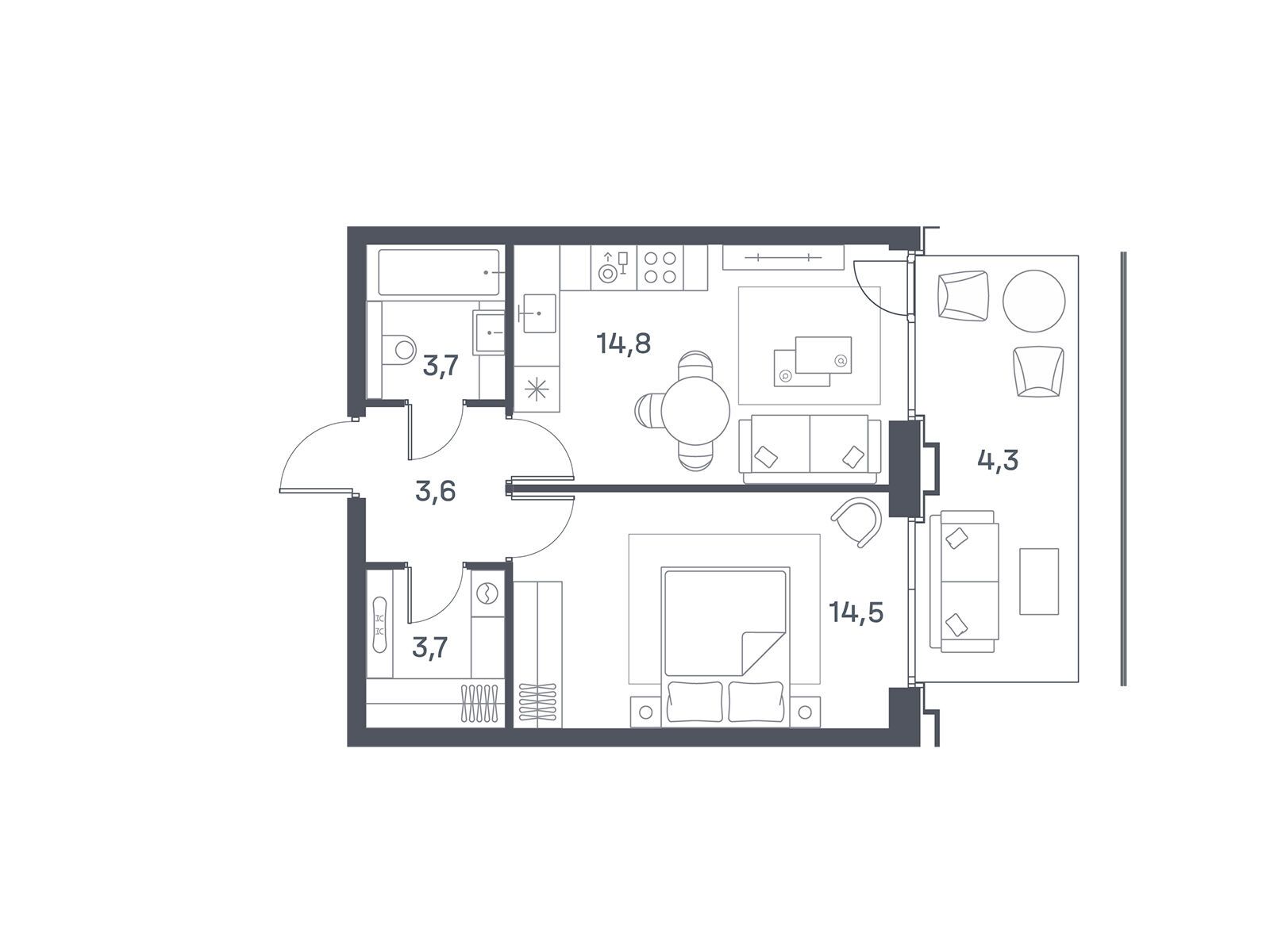 Планировка: 1-комн. квартира 44.60 м² в новостройке ЖК Портленд. Дом на берегу