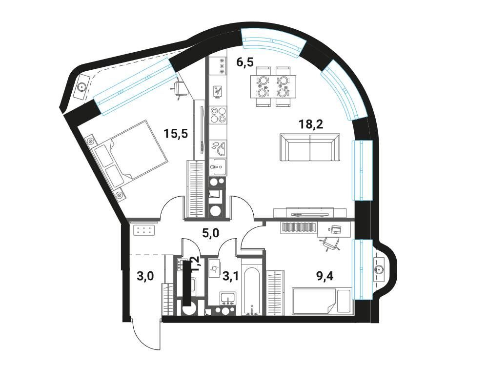 Планировка: 3-комн. квартира 61.90 м² в новостройке ЖК Интеллигент