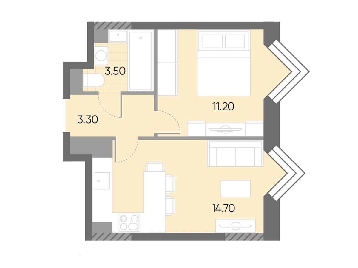 Планировка: 1-комн. квартира 32.70 м² в новостройке Вейв