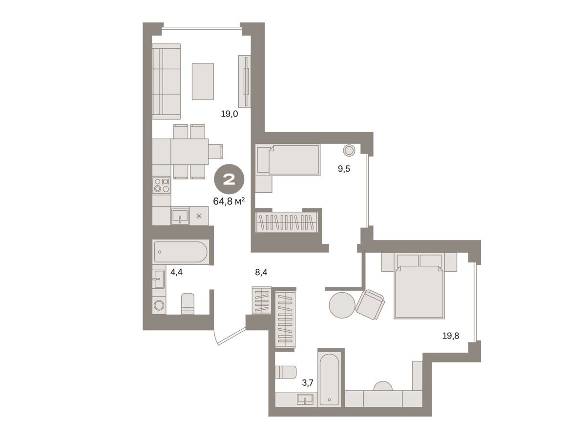 Планировка: 2-комн. квартира 64.60 м² в новостройке Издание