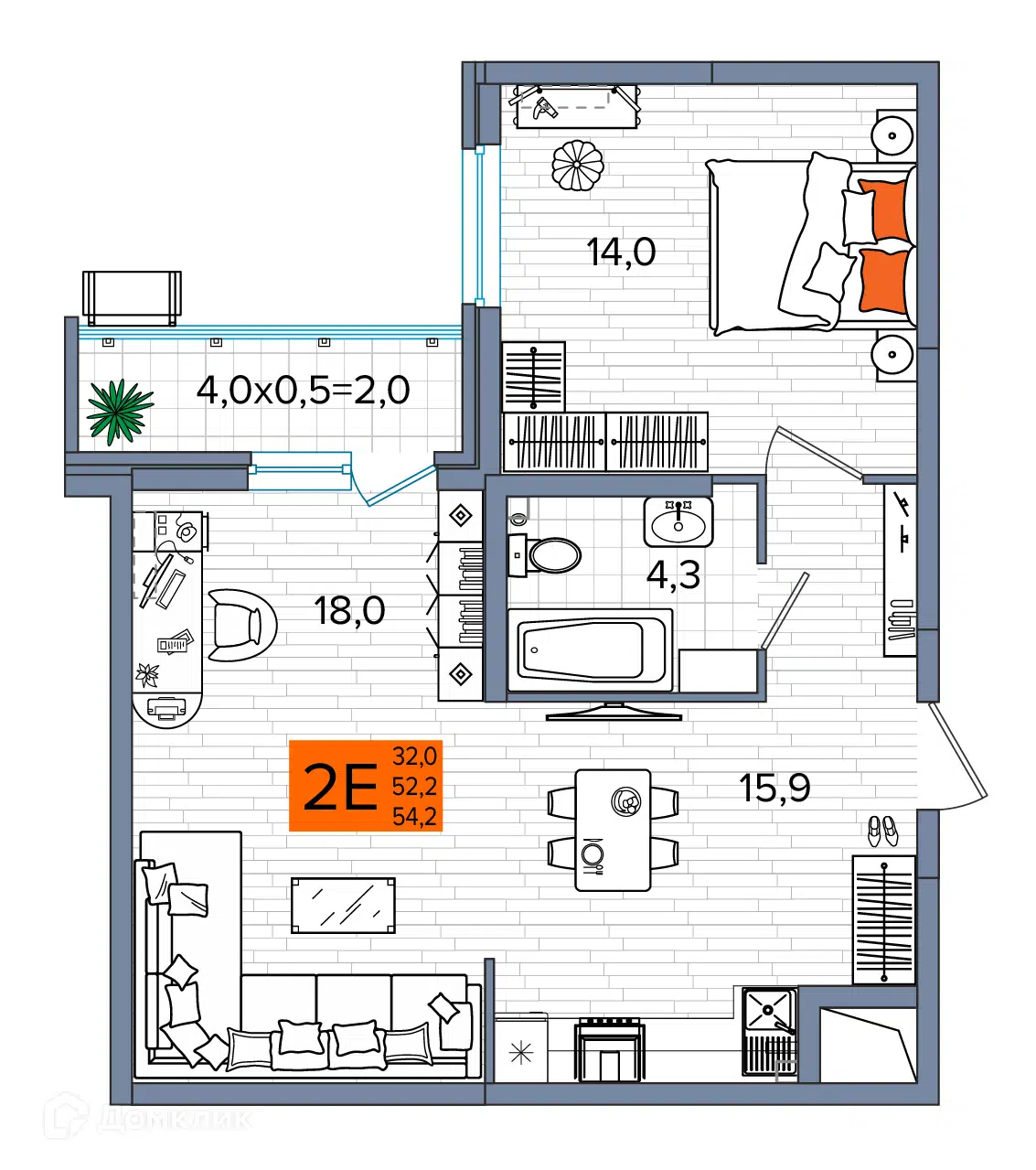 Планировка: 2-комн. квартира 54.20 м² в новостройке Сармат