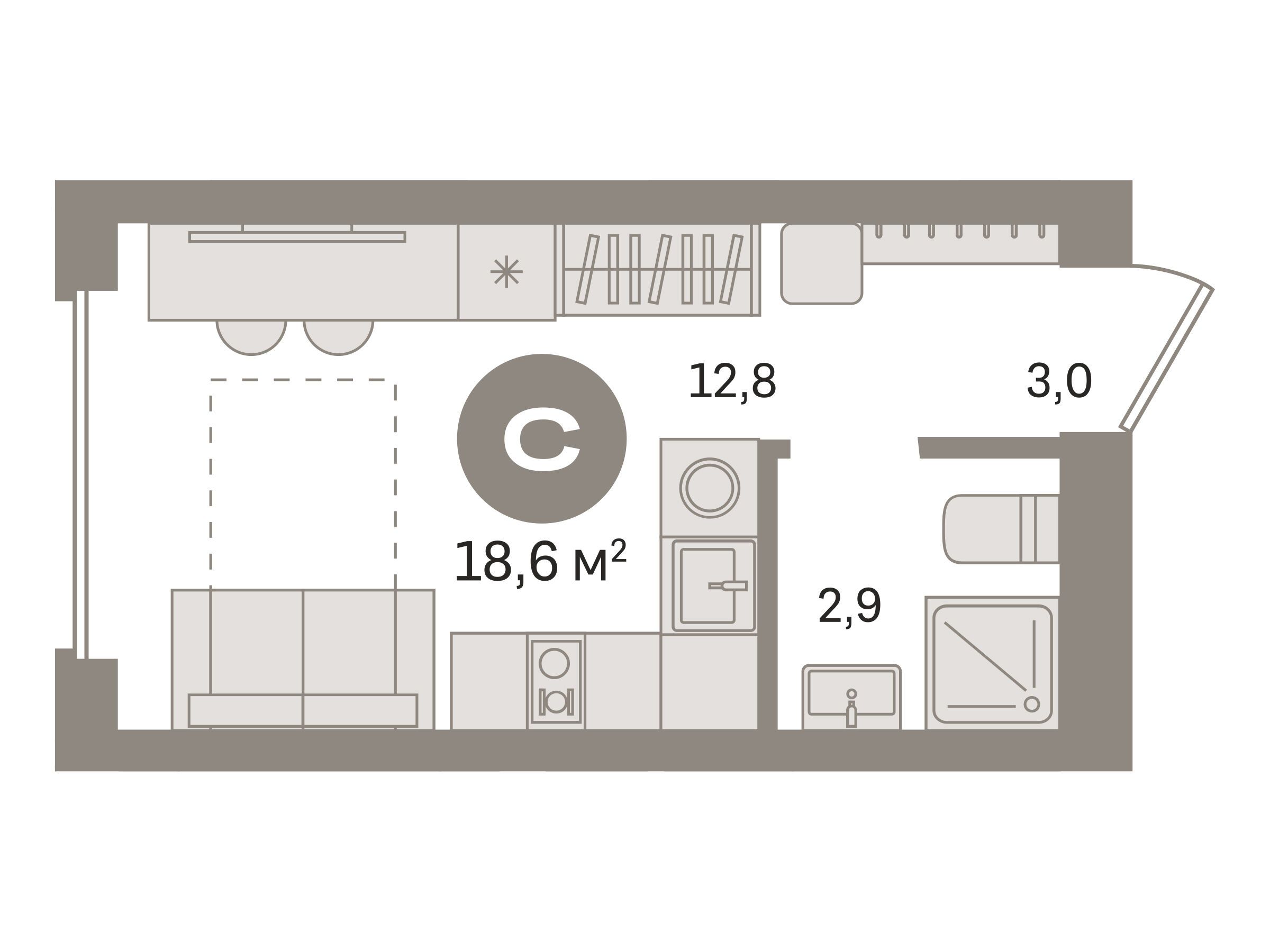 Планировка: Студия 18.60 м² в новостройке Первый квартал