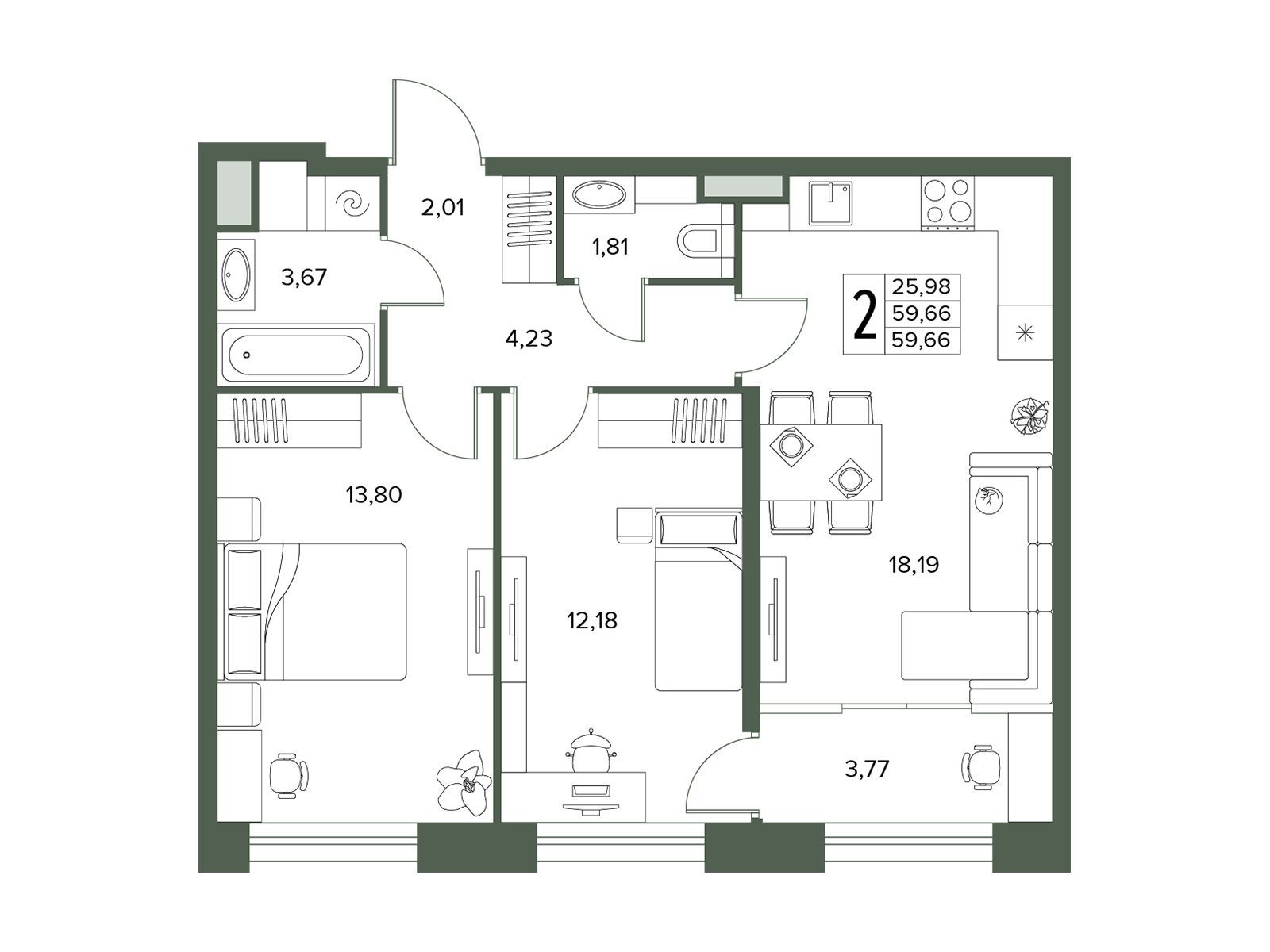 Планировка: 2-комн. квартира 59.66 м² в новостройке Городской бор