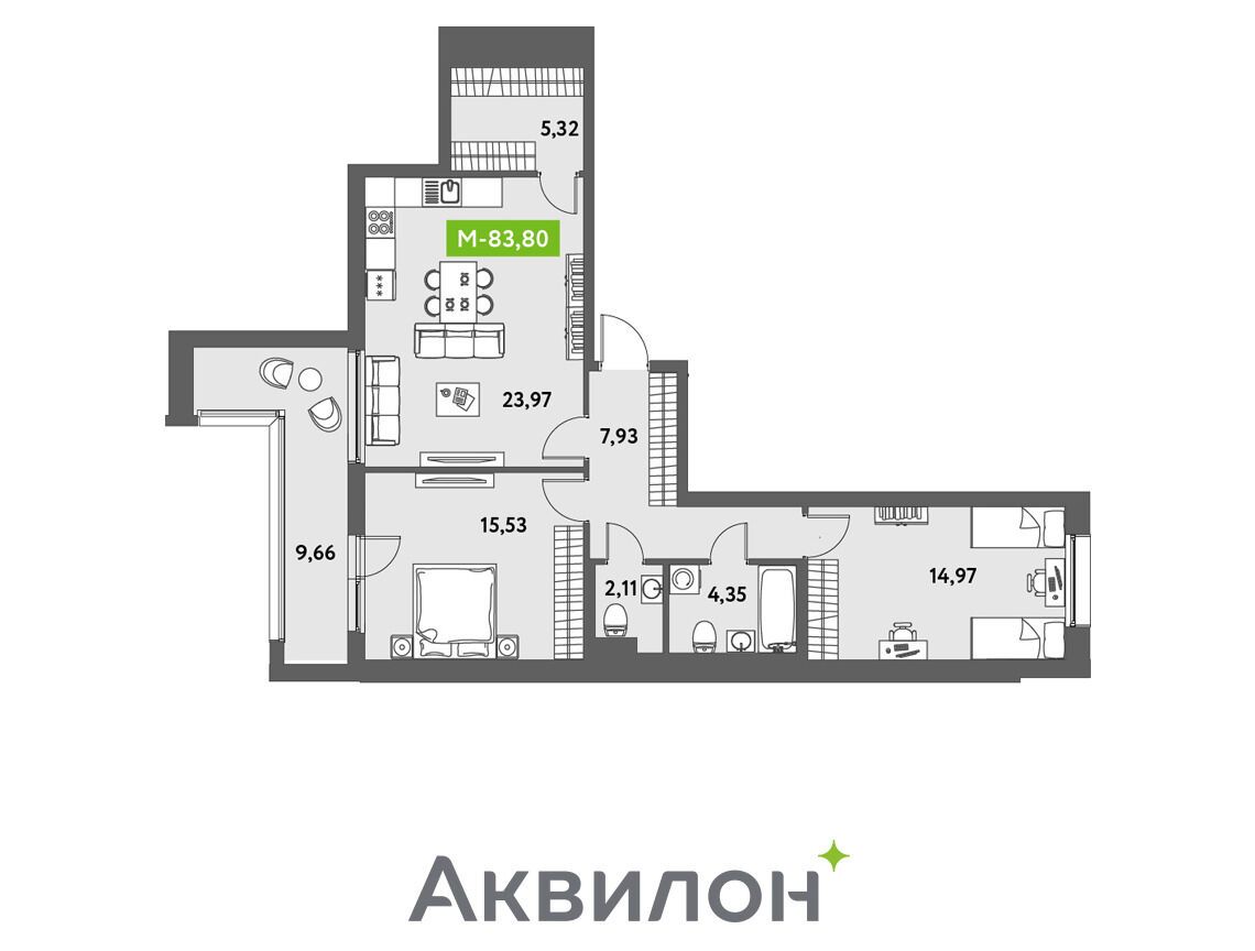 Планировка: 3-комн. квартира 79.60 м² в новостройке Аквилон Лив