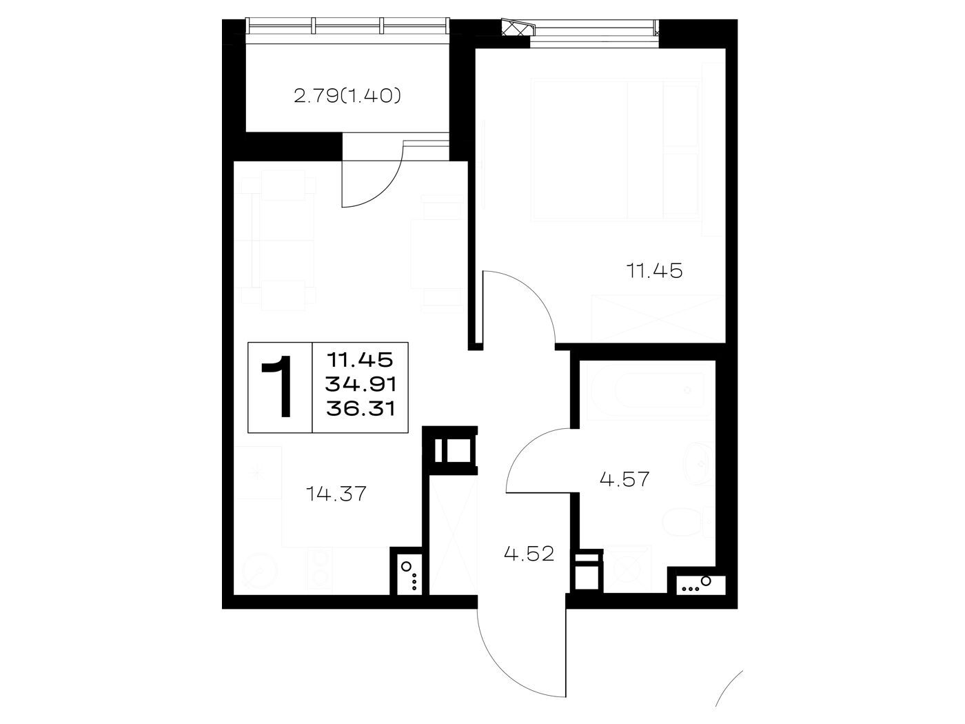 Планировка: 1-комн. квартира 36.31 м² в новостройке Борский