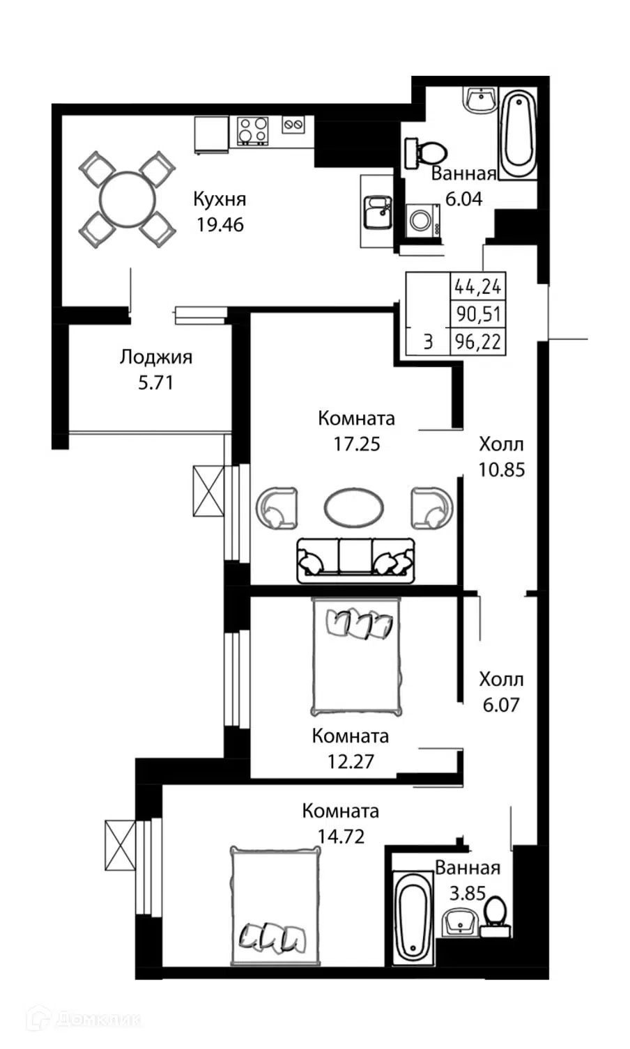 Планировка: 3-комн. квартира 96.22 м² в новостройке Ривьера