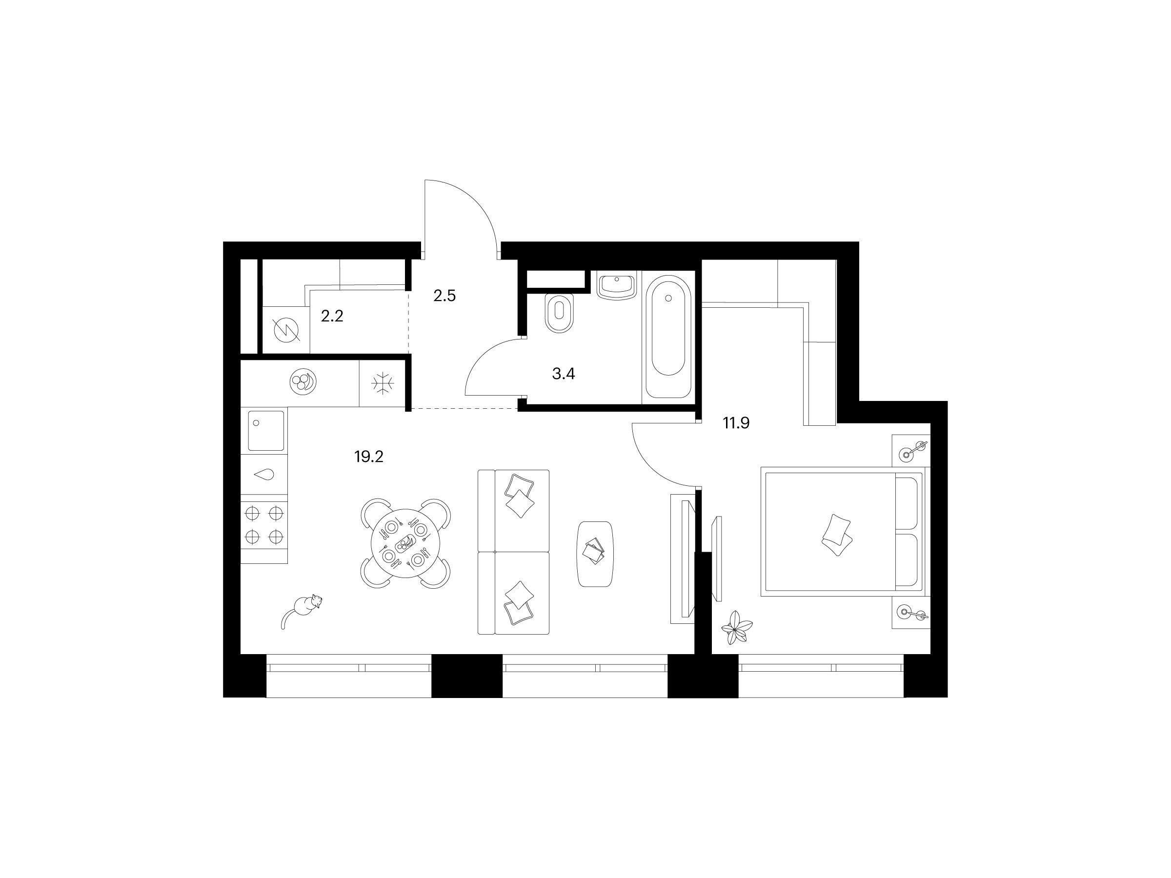 Планировка: 1-комн. квартира 39.20 м² в новостройке Строгино 360