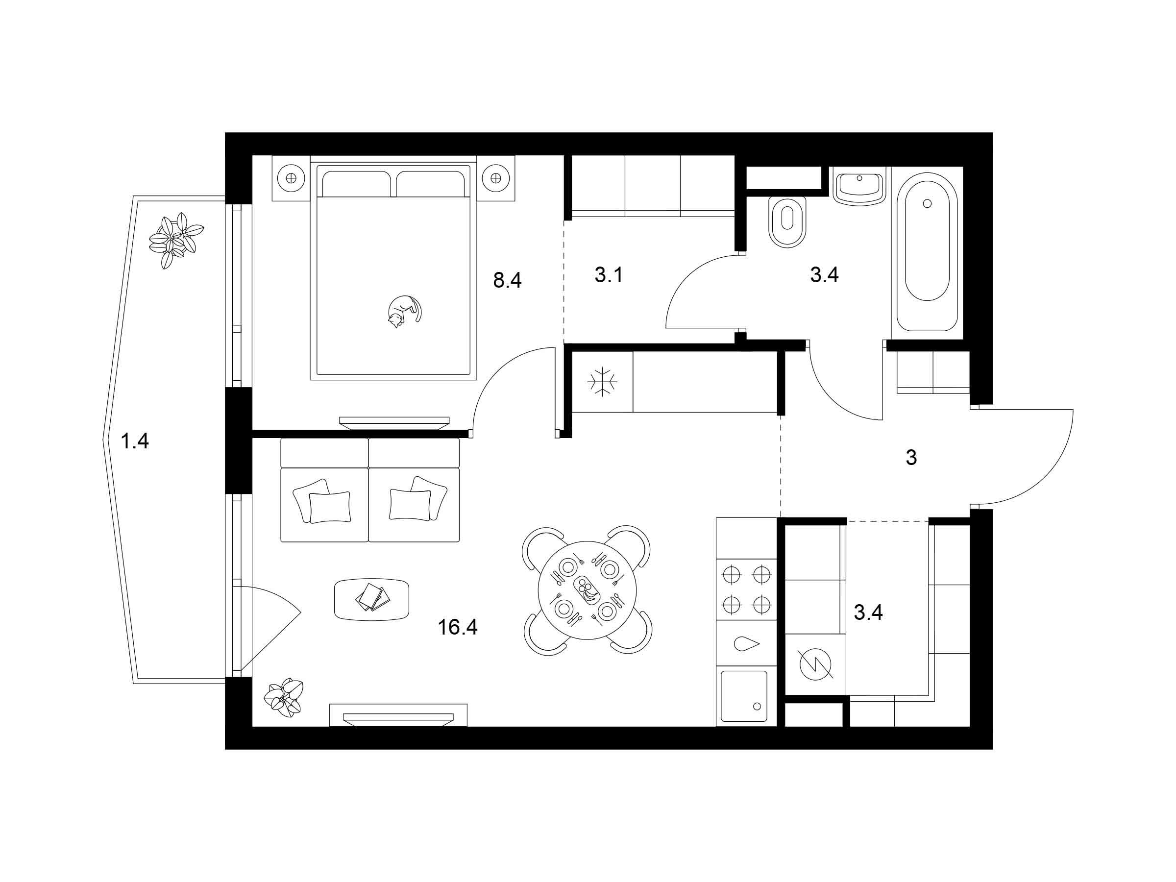 Планировка: 1-комн. квартира 39.10 м² в новостройке Руставели 14