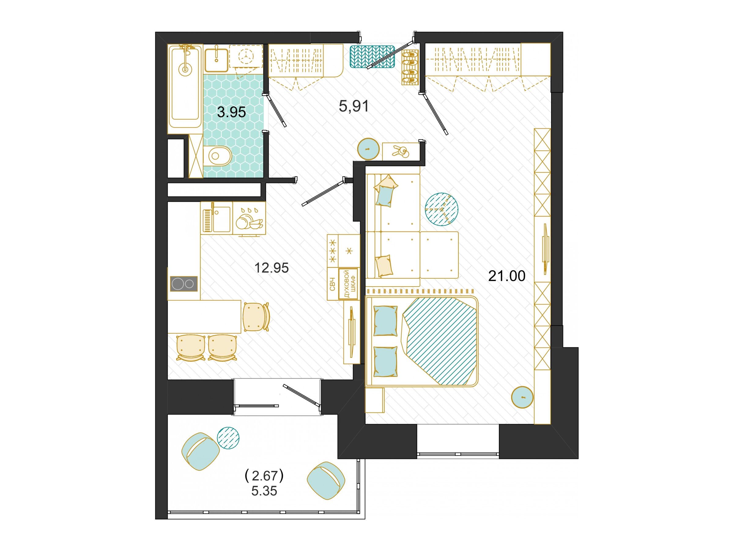 Планировка: 1-комн. квартира 46.48 м² в новостройке Оптима