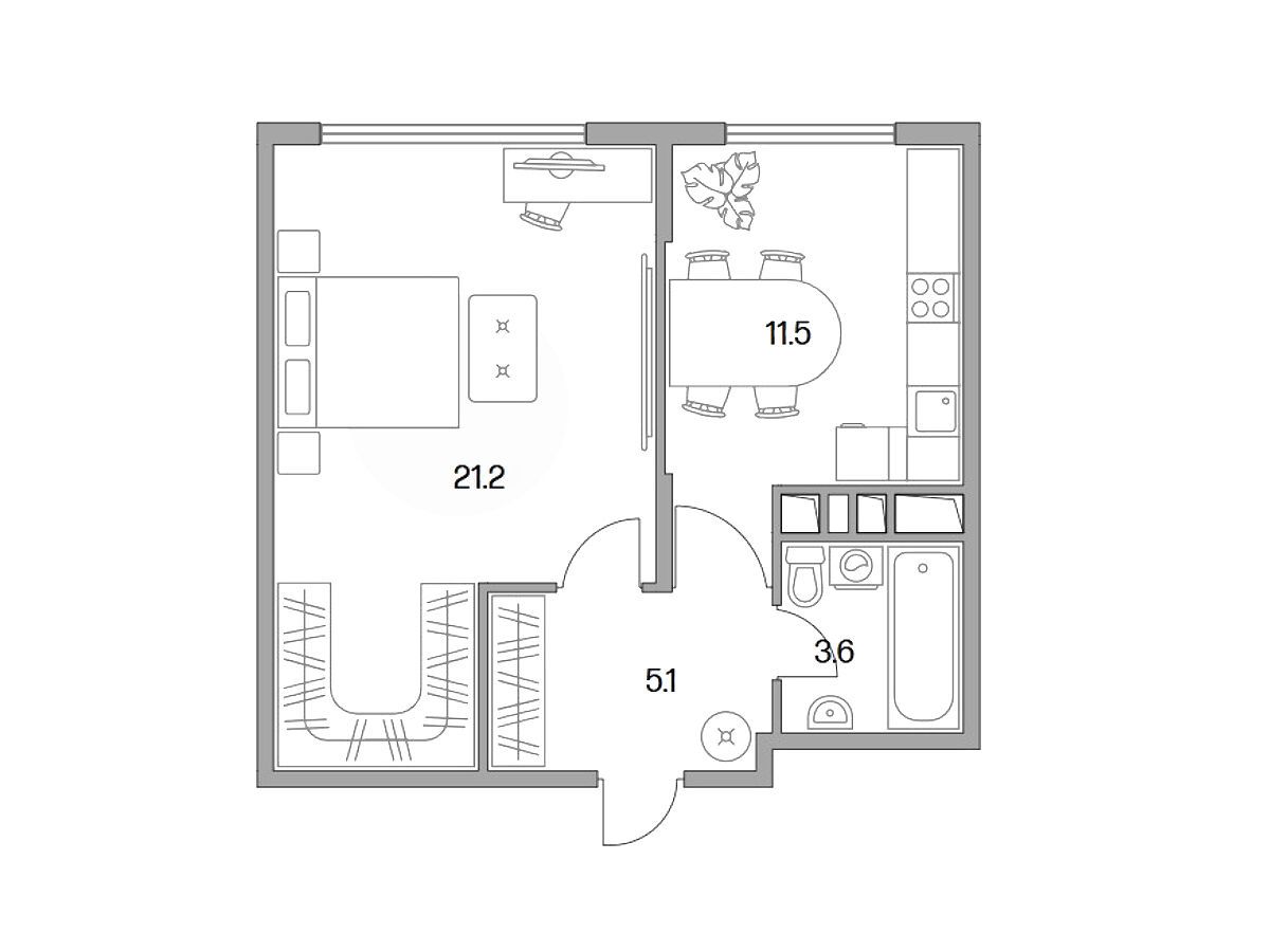 Планировка: 1-комн. квартира 41.40 м² в новостройке Бригантина