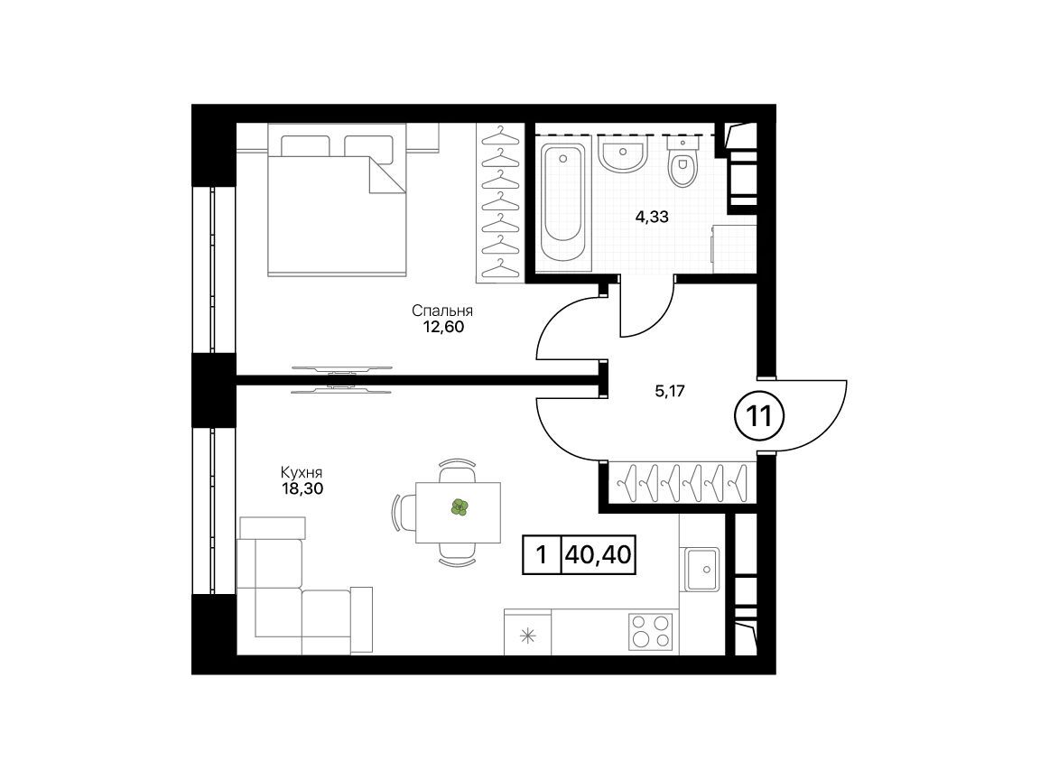 Планировка: 1-комн. квартира 40.40 м² в новостройке Пушкино Град