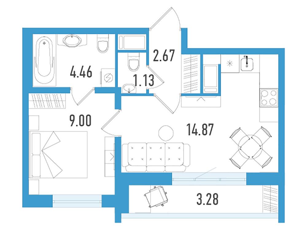 Планировка: 1-комн. квартира 33.11 м² в новостройке Южный форт