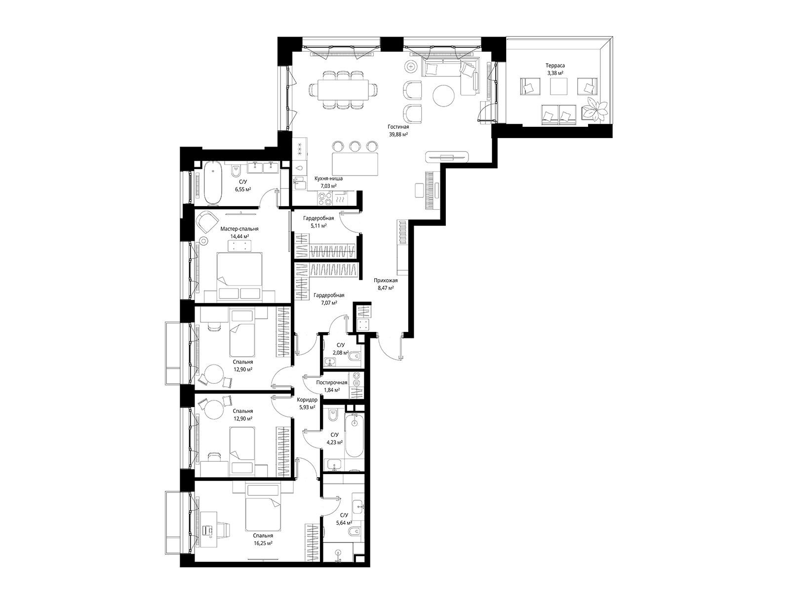 Планировка: 4-комн. квартира 153.70 м² в новостройке Мыс
