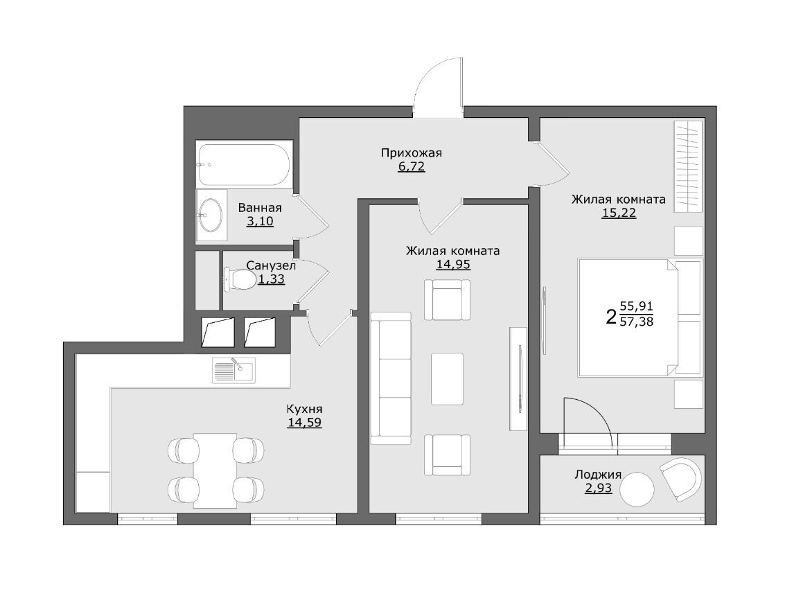 Планировка: 2-комн. квартира 57.38 м² в новостройке Клевер