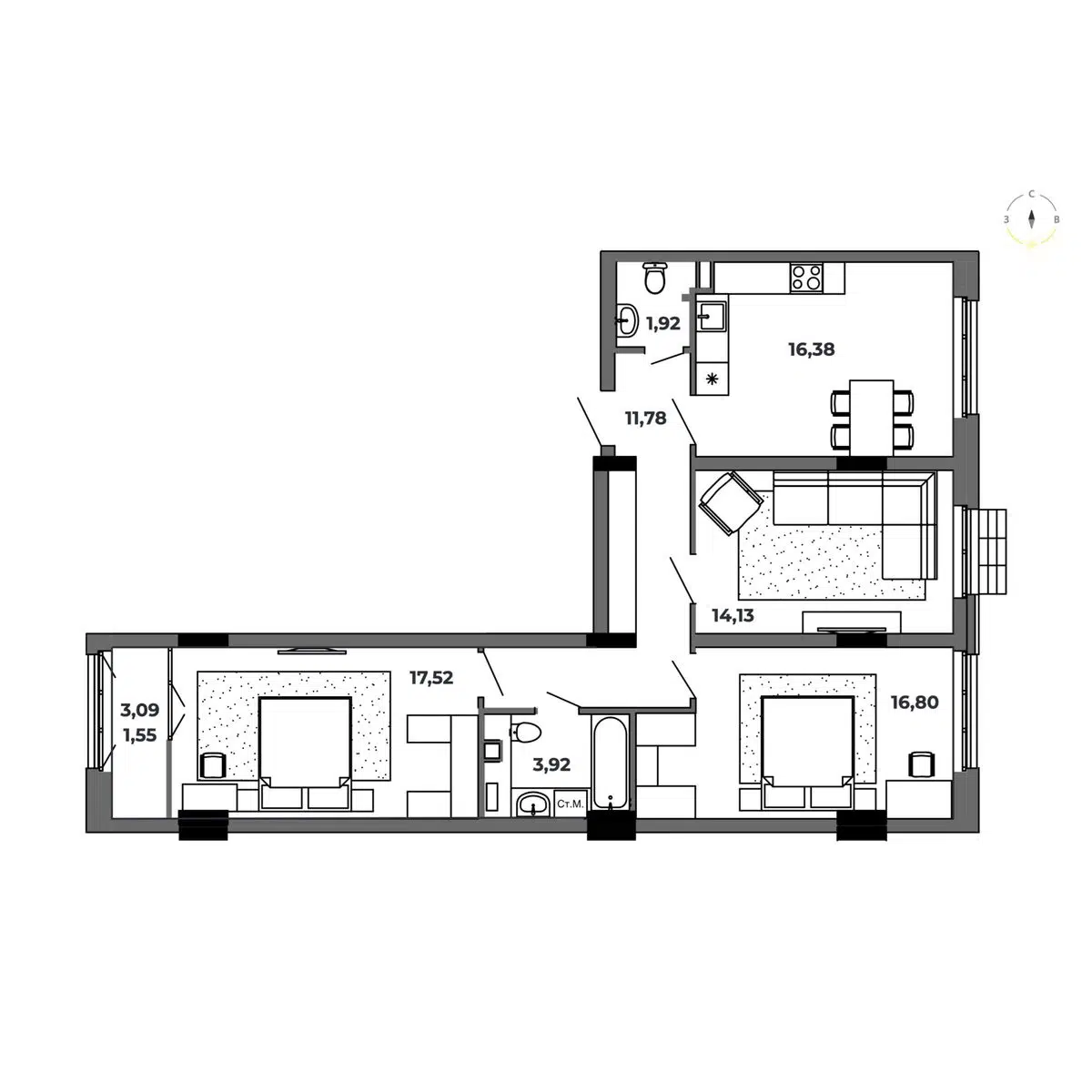 Планировка: 3-комн. квартира 83.96 м² в новостройке Красный Пахарь