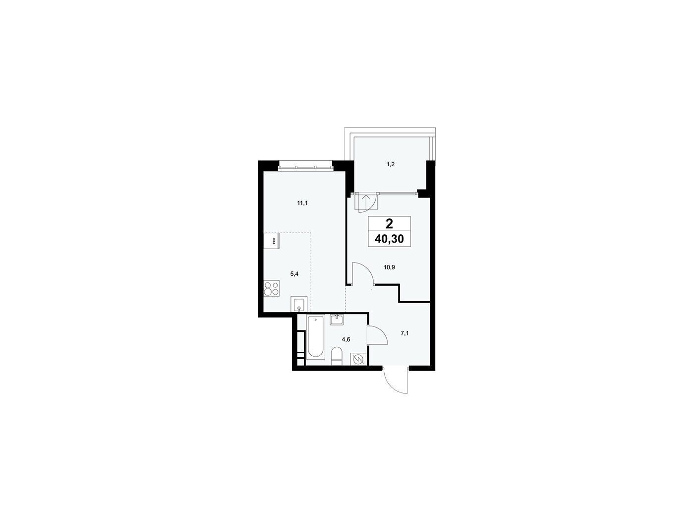 Планировка: 2-комн. квартира 41.40 м² в новостройке Дом на Зорге