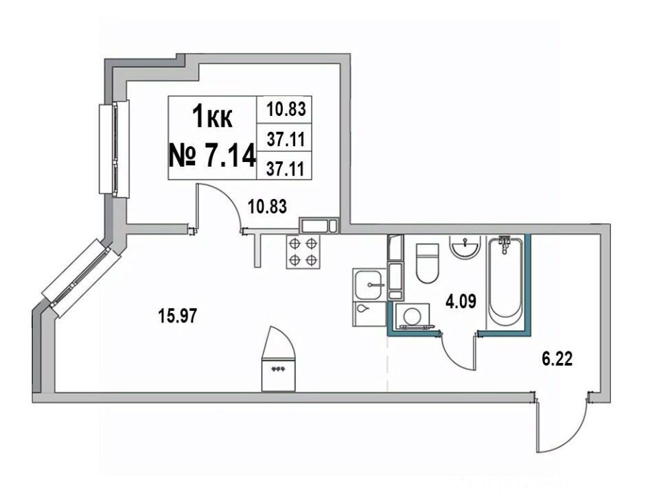 Планировка: 1-комн. квартира 37.11 м² в новостройке Новый город