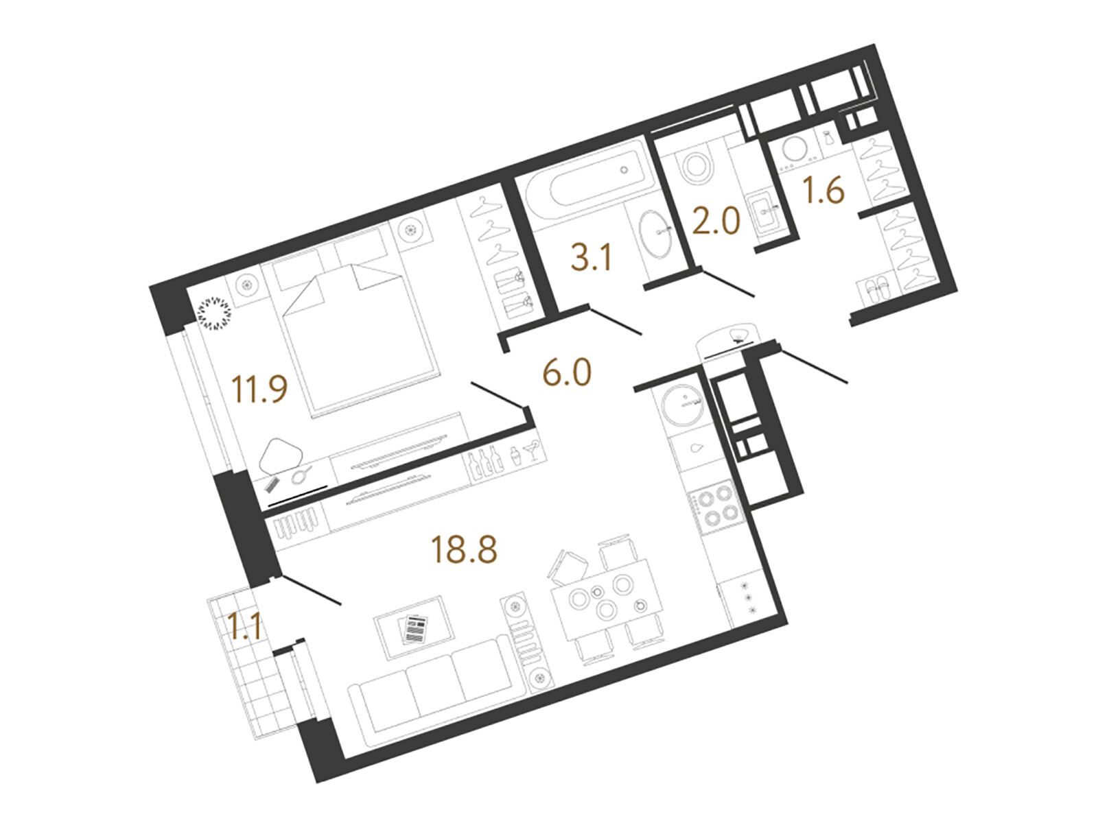 Планировка: 1-комн. квартира 43.40 м² в новостройке Литера
