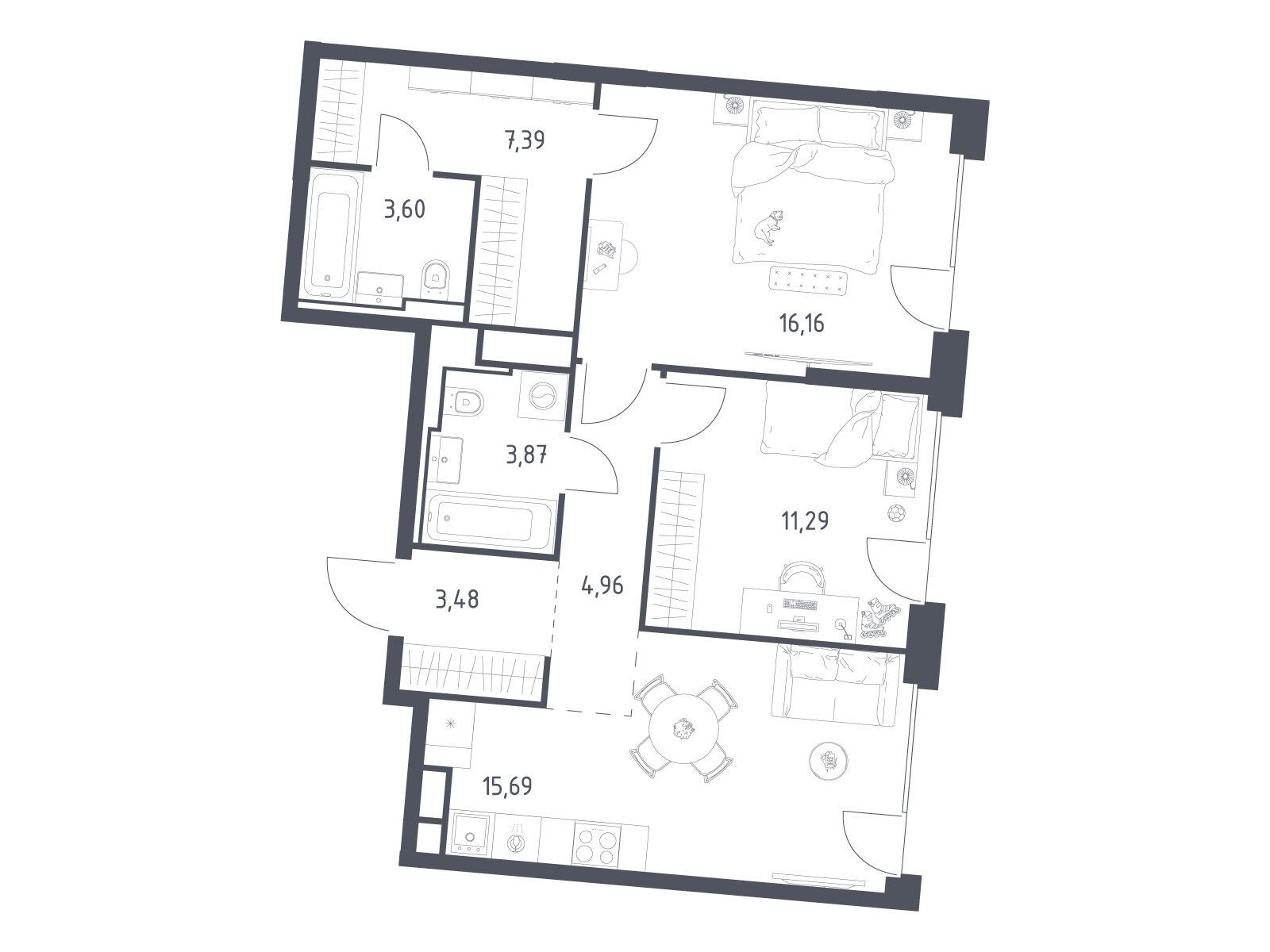 Планировка: 2-комн. квартира 66.44 м² в новостройке Квартал на воде