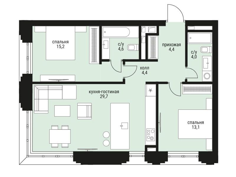 Планировка: 2-комн. квартира 75.40 м² в новостройке Шелепиха