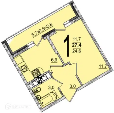 Планировка: 1-комн. квартира 27.40 м² в новостройке Грани