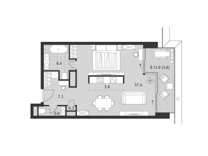 Планировка: 1-комн. квартира 60.40 м² в новостройке ЖК Бадаевский