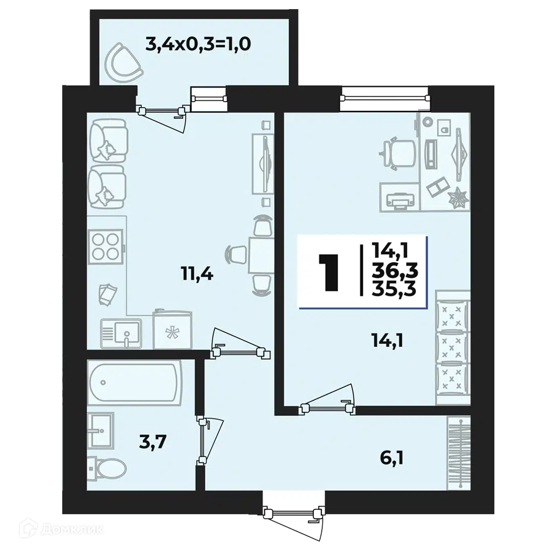 Планировка: 1-комн. квартира 36.30 м² в новостройке ЖК Дарград