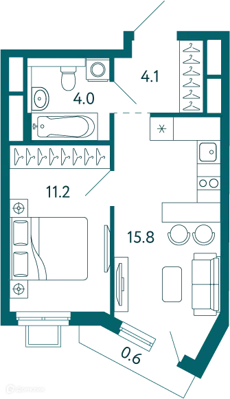 Планировка: 1-комн. квартира 35.70 м² в новостройке Дом у моря