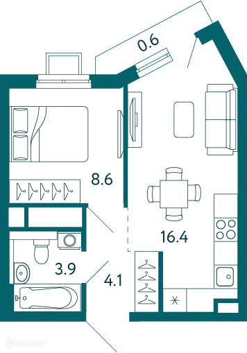 Планировка: 1-комн. квартира 33.60 м² в новостройке Дом у моря