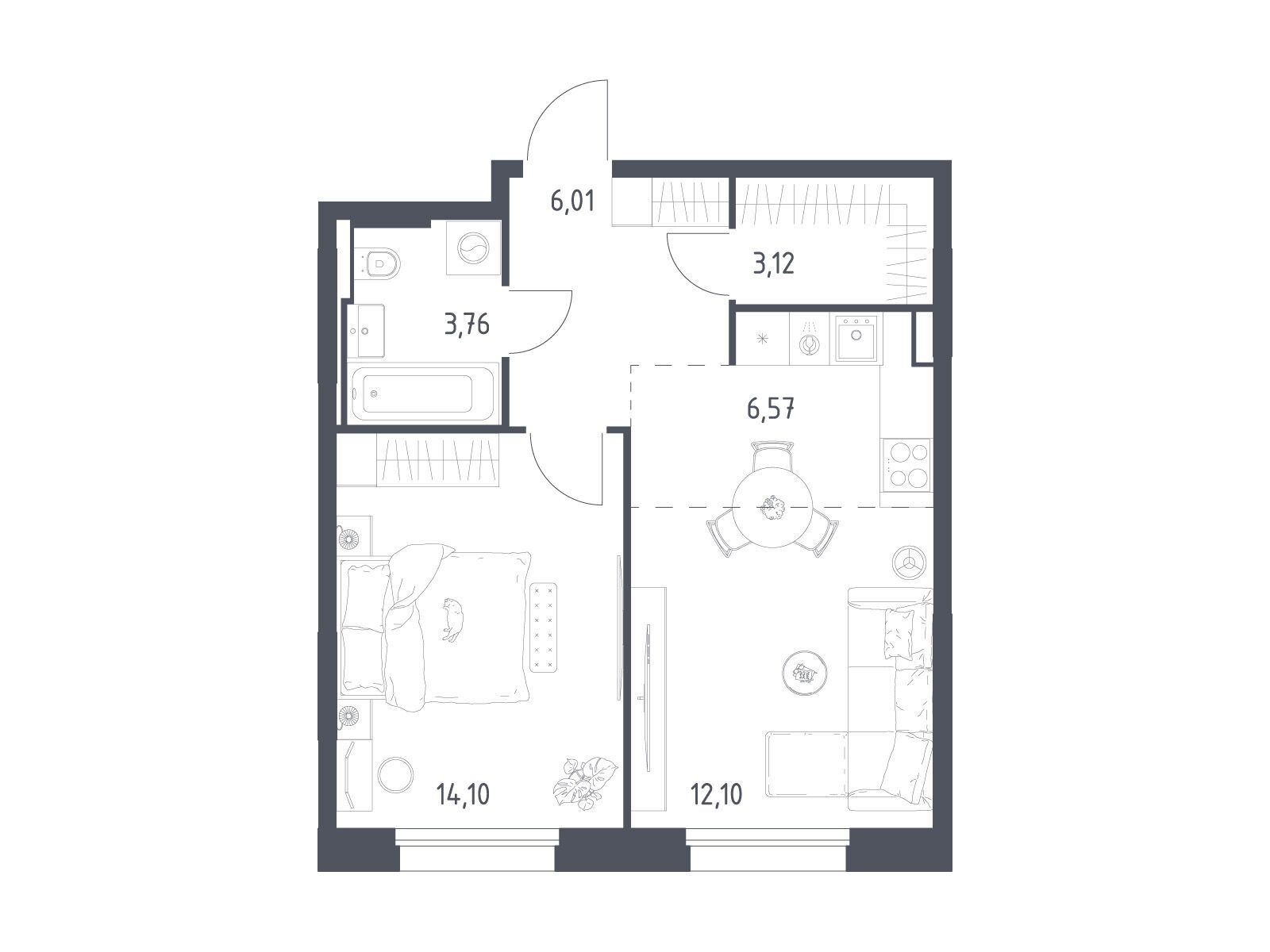 Планировка: 1-комн. квартира 45.66 м² в новостройке Заречье Парк