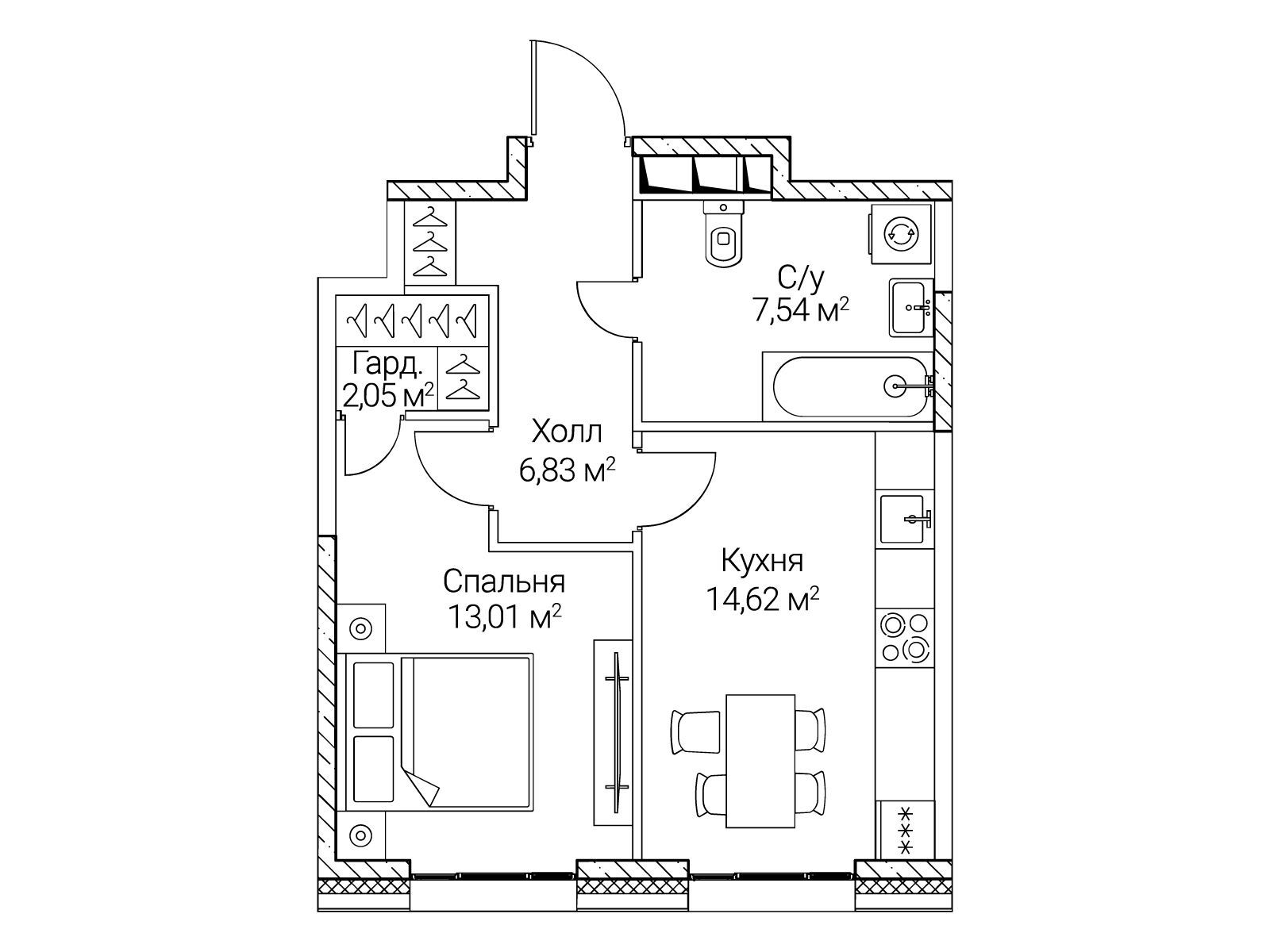 Планировка: 1-комн. квартира 44.05 м² в новостройке Сезар Сити
