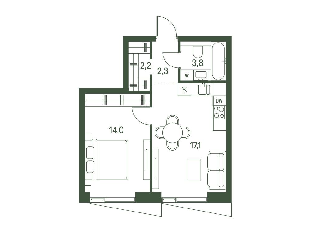 Планировка: 1-комн. квартира 39.40 м² в новостройке Моментс