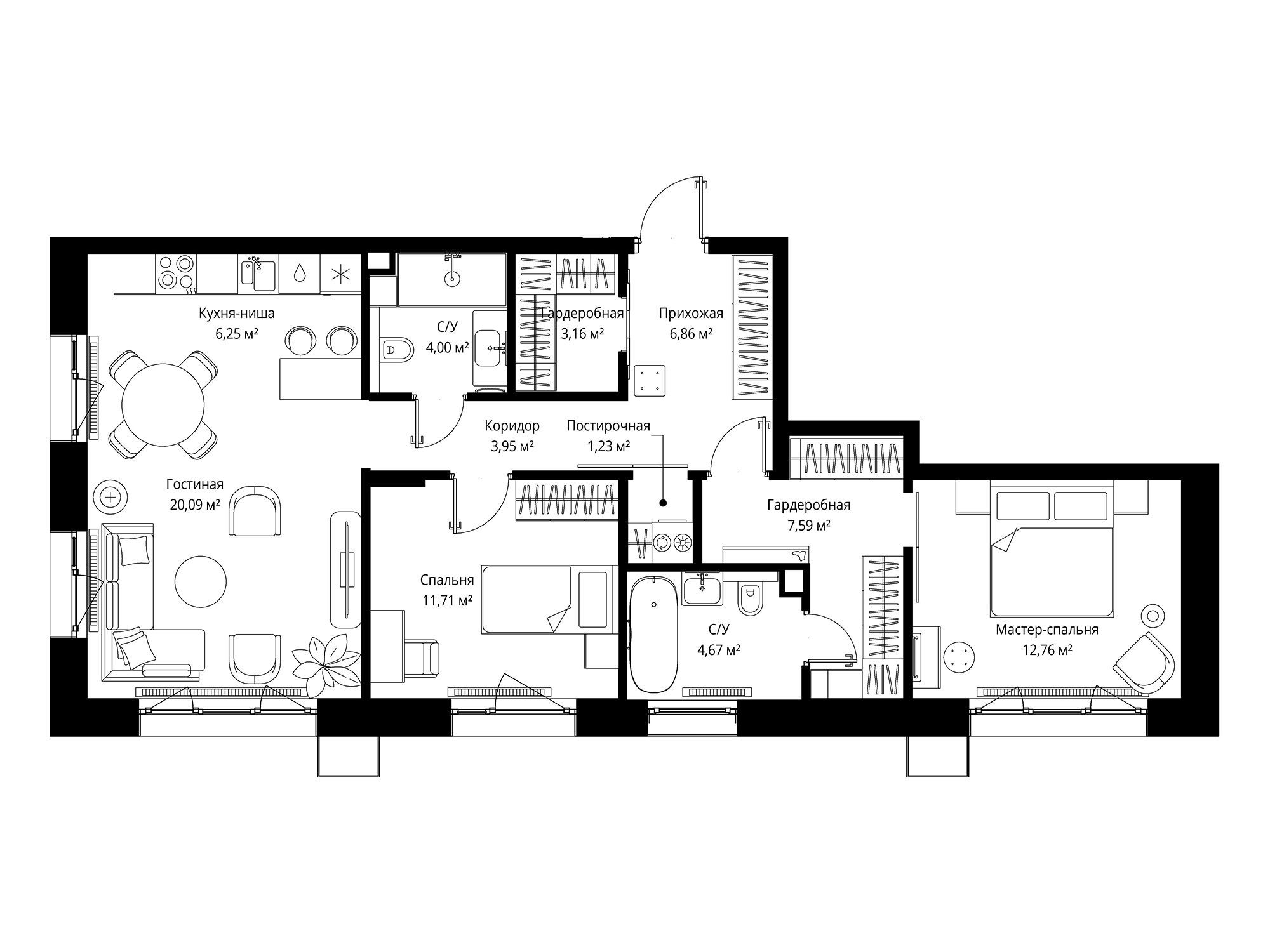 Планировка: 2-комн. квартира 82.27 м² в новостройке Мыс