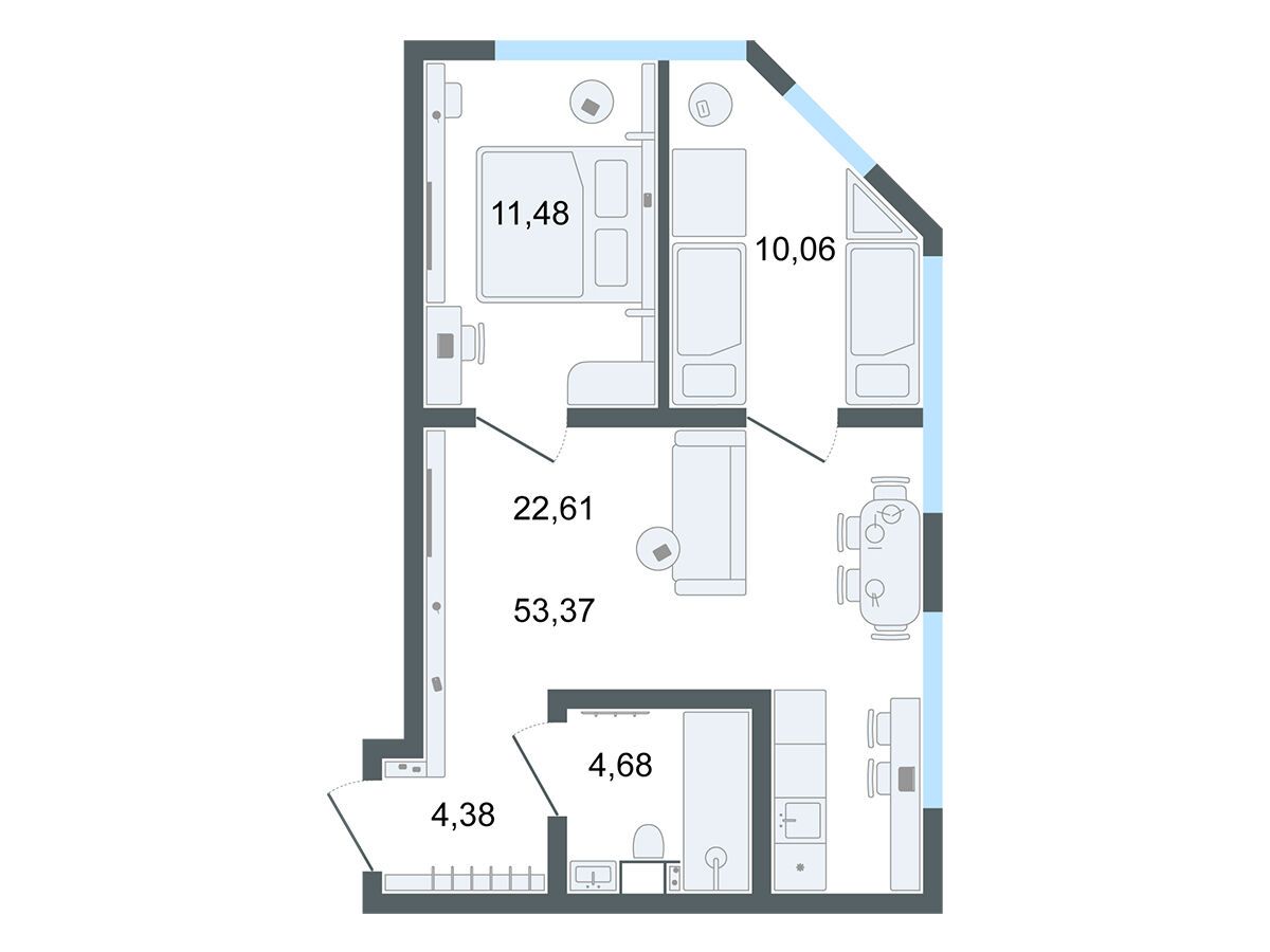 Планировка: 3-комн. квартира 53.37 м² в новостройке Лайф Апарт Октябрьская