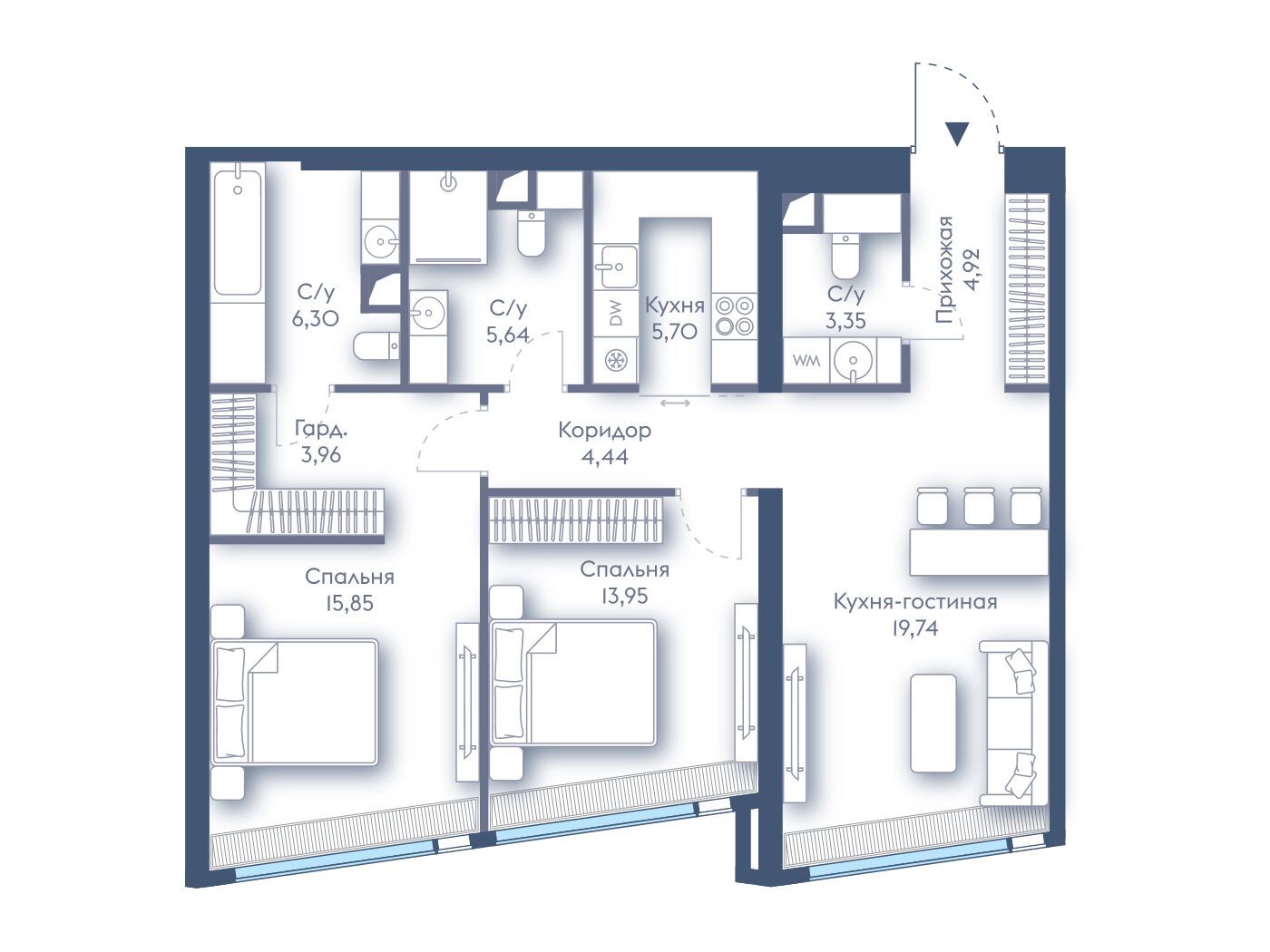 Планировка: 2-комн. квартира 83.85 м² в новостройке Дом Дау