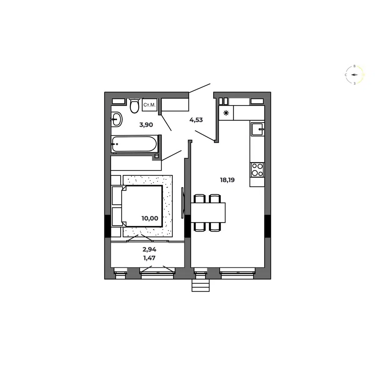 Планировка: 1-комн. квартира 38.11 м² в новостройке Красный Пахарь