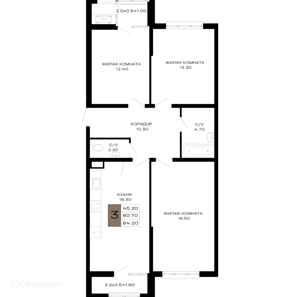 Планировка: 3-комн. квартира 83.67 м² в новостройке Сердце