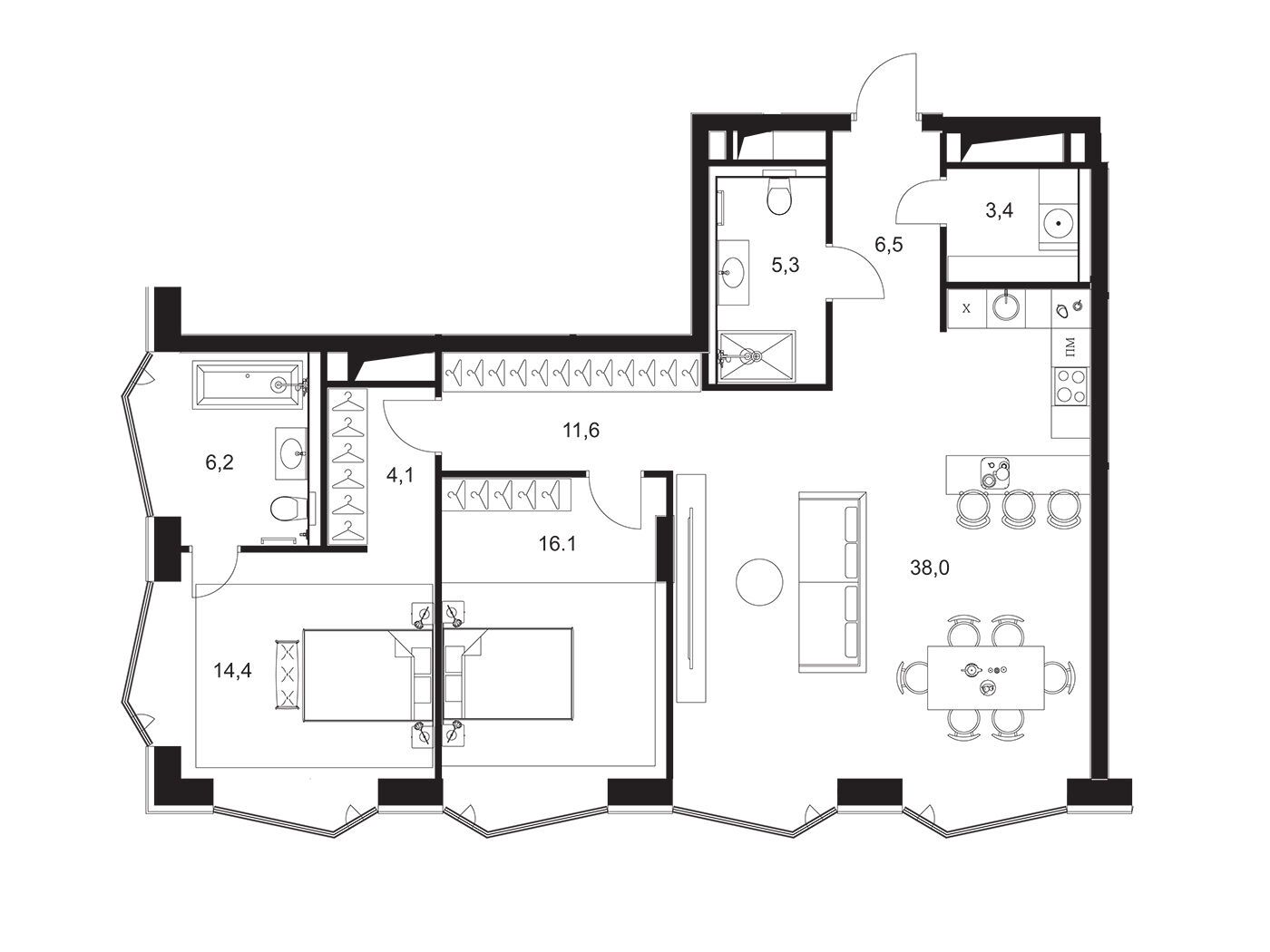 Планировка: 2-комн. квартира 105.60 м² в новостройке А.Резиденс