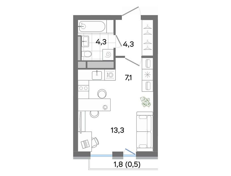 Планировка: Студия 30.00 м² в новостройке Джи Три Театральный