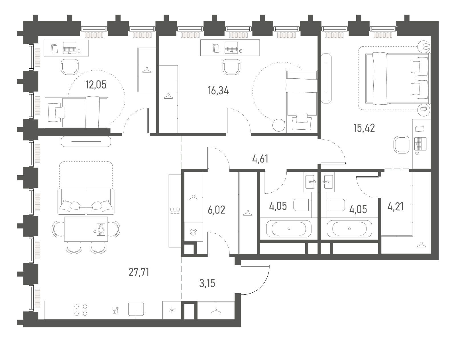 Планировка: 3-комн. квартира 97.61 м² в новостройке Индиво