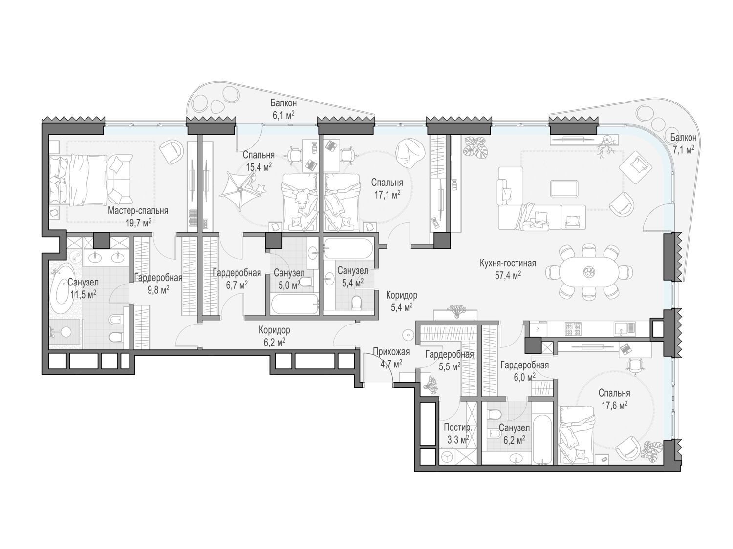 Планировка: 4-комн. квартира 212.90 м² в новостройке Дом Лаврушинский