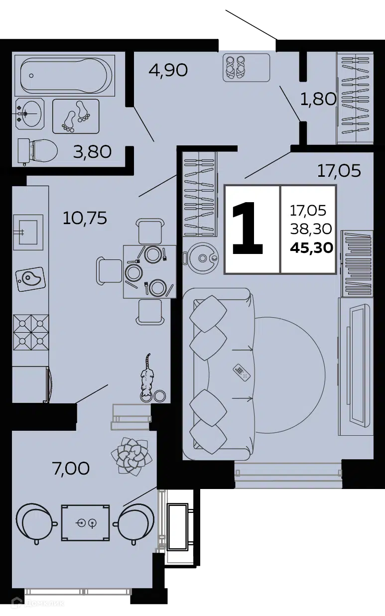 Планировка: 1-комн. квартира 45.30 м² в новостройке Мост