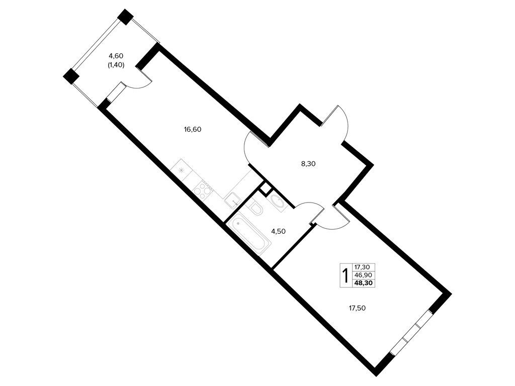 Планировка: 1-комн. квартира 48.30 м² в новостройке Кипарис