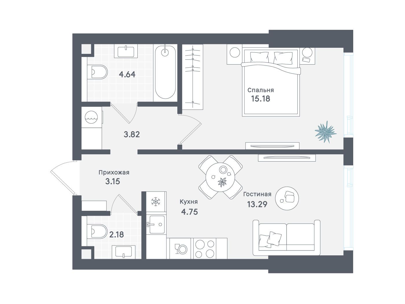 Планировка: 1-комн. квартира 47.01 м² в новостройке Солос